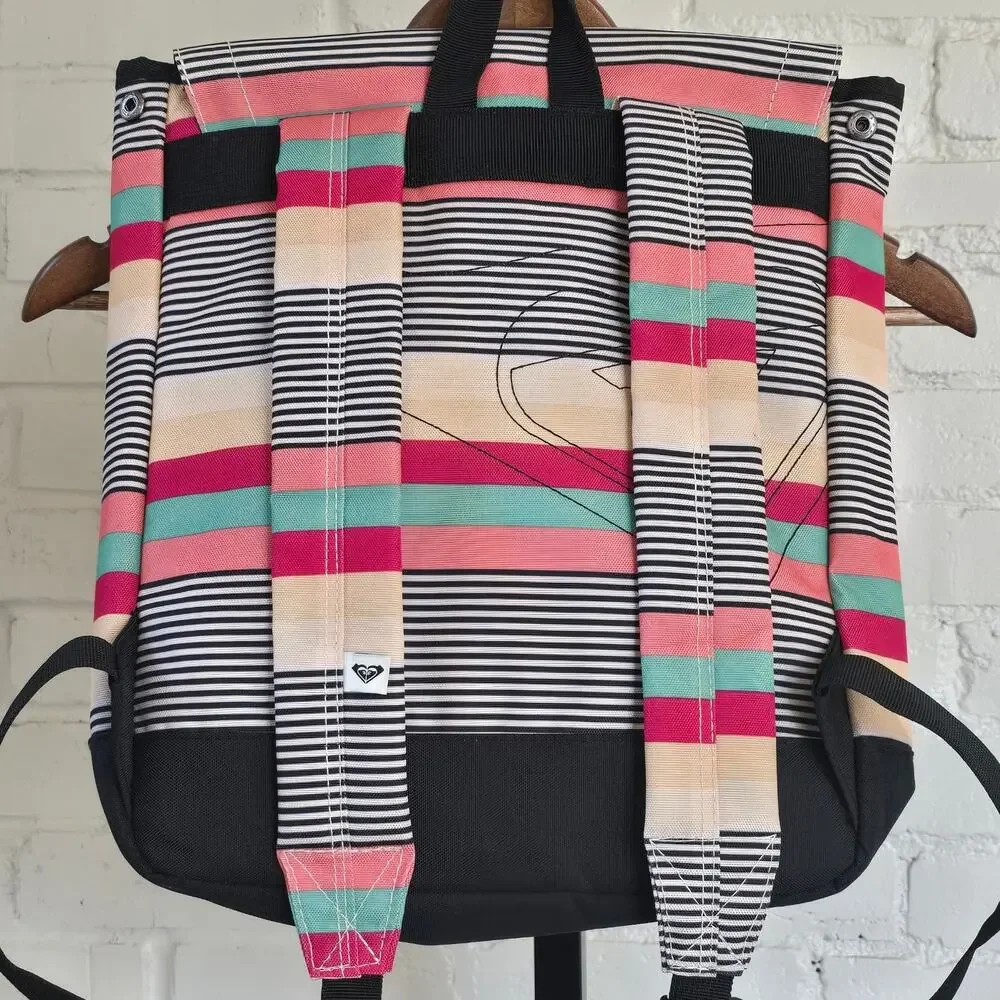 Roxy Retro Multicolor Striped Canvas Backpack ┃Boho Coastal Surfercore Flap Top